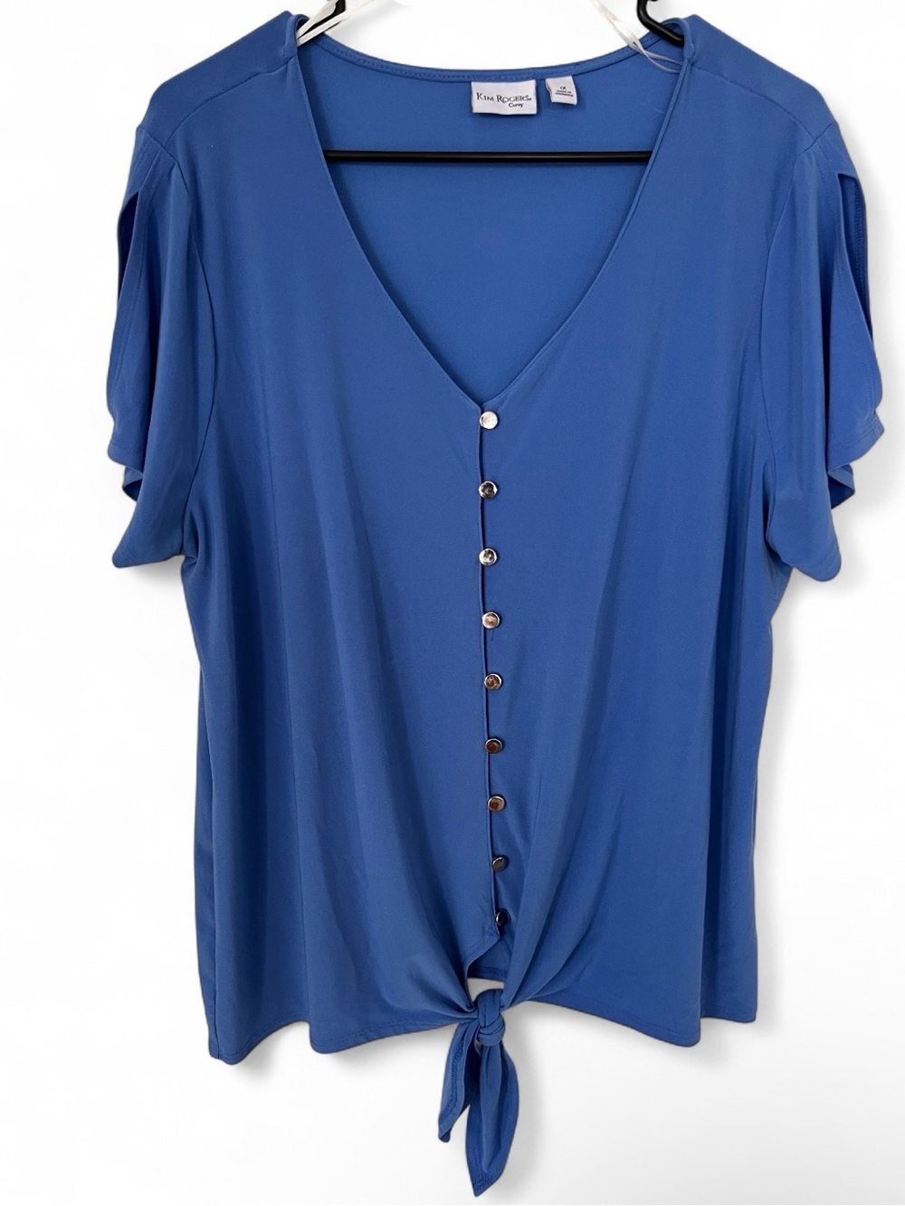 Kim Rogers Blue Button-Front Tie-Hem Women's Top